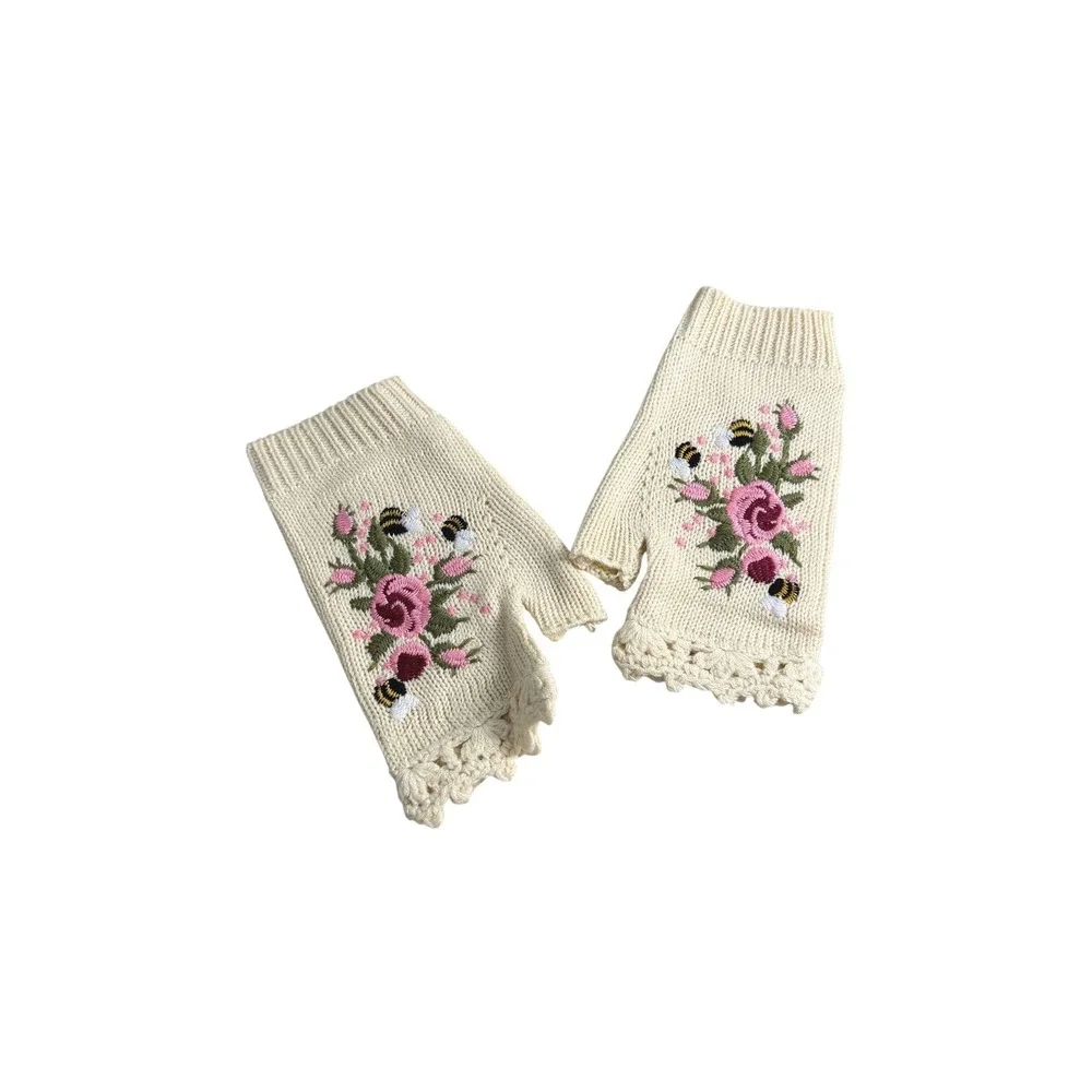 Unbranded Knit Fingerless Gloves Cream Floral Bee Embroidery Crochet Warmers‎
